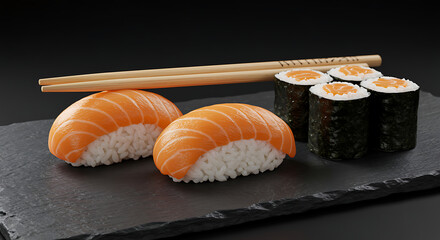Delicious salmon nigiri sushi and maki rolls with chopsticks on a black slate plate, sushi, salmon, nigiri, maki, rolls, japanese food, cuisine, food, healthy food, gourmet, fresh, plate, chopstick, e
