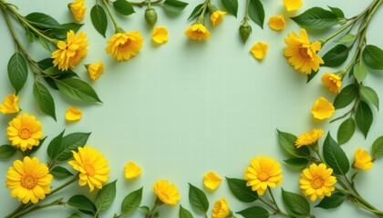 Bright Yellow Flowers and Green Leaves Frame on Soft Pastel Background for Floral Designs, Invitations, and Nature-Themed Projects