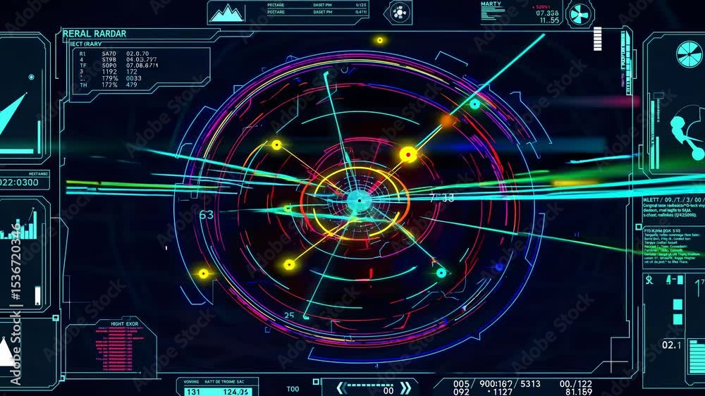 Poster futuristic radar interface displaying colorful data streams, complex information, and dynamic visual