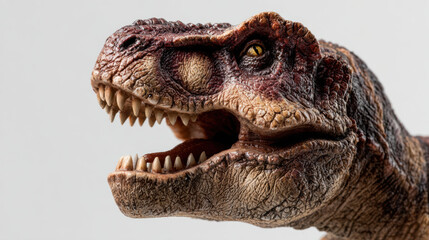 Obraz premium Extreme closeup of T Rex dinosaur figurine showcasing sharp teeth and intricate details, evoking sense of prehistoric power and majesty