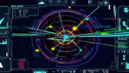 Futuristic radar interface displaying colorful data streams, complex information, and dynamic visualizations on a dark background, creating a sense of advanced technology and data analysis - Powered by Adobe