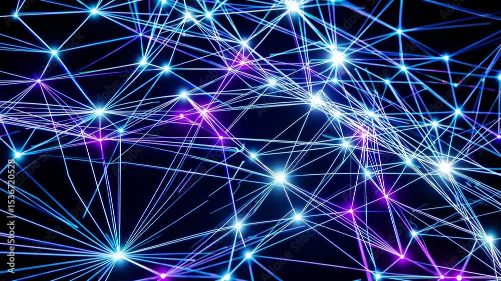 Poster glowing lines and luminous dots intertwining to create a plexus on a dark background, illustrating c