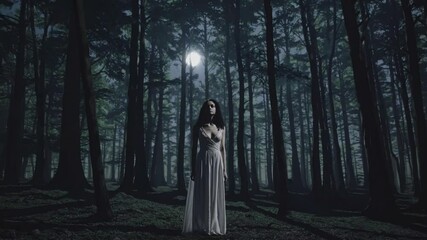 Mysterious woman in a white dress is standing in a dark forest at night, illuminated by the moonlight filtering through the trees, creating a mystical and eerie atmosphere
