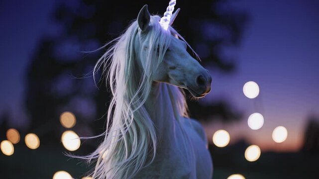 Beautiful white unicorn with a glowing horn standing majestically in a field at twilight with soft, glowing lights in the background, creating a magical and enchanting atmosphere
