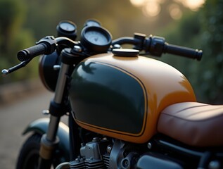 Close-up depiction of a retro caf&eacute; racer, sharp focus on fuel tank and leather seat, nostalgic mood, cinematic depth