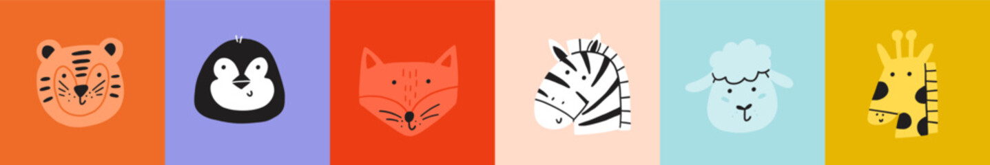 Animal cute face collection. Kawaii character animal head print set. Cartoon vector illustration