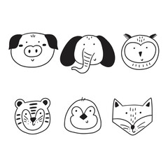 Animal cute line doodle simple face. Baby head cartoon animal icon set. Vector hand drawn illustration