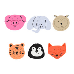 Cartoon cute animal bright face. Safari kid jungle head character animal collection. Hand drawn vector illustration