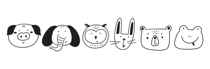 Animal cute line art doodle face. Baby head cartoon animal icon set. Vector hand drawn illustration