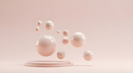 3D pastel abstract rings and balls in motion over neutral background with calm and minimal layout