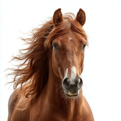 Fototapeta premium A beautiful chestnut mare with a flowing mane isolated on a white background