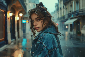 A young woman walks down a rainy urban street wearing a rigid denim coat, surrounded by a moody atmosphere and modern style, capturing the essence of city life and resilience