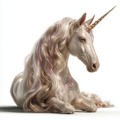 A fantasy-style unicorn with a shimmering mane resting, isolated on a white background