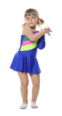 Cute little girl dancing on white background