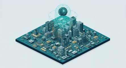 Isometric view of a city on a circuit board with a glowing sphere above the buildings and light blue