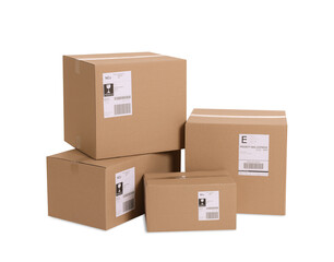 Fototapeta na wymiar Many parcels with shipment labels isolated on white