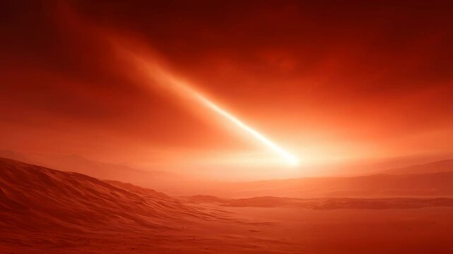 Spacecraft trajectory through Martian atmosphere, bright luminous trail against red rocky terrain. Dramatic landing scene with intense atmospheric entry.