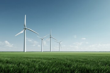 Wind turbines generating clean energy on a green field under a blue sky