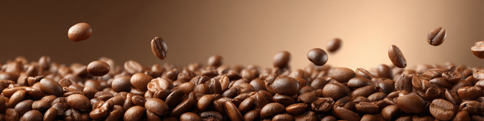Freshly roasted coffee beans create rich, aromatic scene, showcasing their deep brown hues and glossy surfaces, evoking warmth and comfort