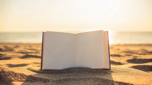 Open Book on Beach Sand at Sunset with Gentle Waves in Background - Powered by Adobe
