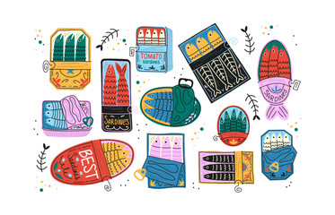 Cartoon Sardines Cans Set. Funny Doodle Fish Packaging Stickers Collection. Colorful Seafood Tin Labels. Doodle Sardine Cans Vector Set. Hand Drawn Colorful Fish Funny Sardine Tin Cans. Tuna, salmon, 