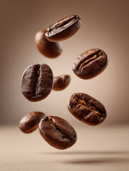 Fototapeta premium Floating coffee beans create captivating visual, showcasing their rich texture and deep brown color against soft background