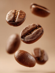Floating coffee beans create captivating visual, showcasing their rich texture and deep brown color against soft background