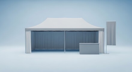 Empty Light Gray Exhibition Tent with Curtains and Banner