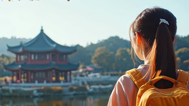 Autumn Travel Girl Views Traditional Chinese Architecture
