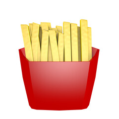 3D French fries in red packaging on transparent background. Fast food concept.