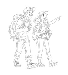 sketch of couple travelers with backpack and city map