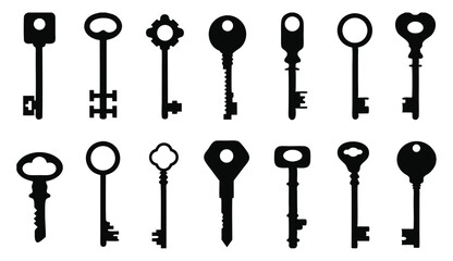 Ornate Black Vintage Key Silhouette Vector Set for Decorative and Security Design Inspiration