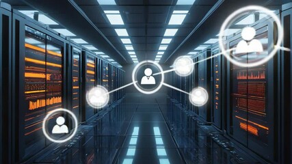 View of a server room with glowing orange lights and a user icon in the center of the room. Digital identity in data center. Futuristic server room technology. AI data center with user icon - Powered by Adobe
