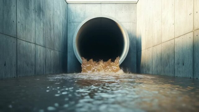 Sewage pipe with dirty water flowing through concrete drainage in urban infrastructure, showing pollution and water flow in sewer system with splash and reflection on surface