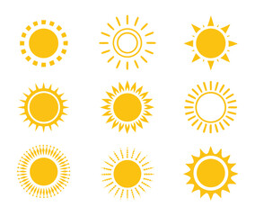 Vibrant Yellow Sun Vector Silhouette Icon Set for Summer Designs, Nature Art, and Bright Illustrations