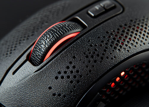 Closeup of a sleek, black gaming mouse with red illuminated accents.  The textured surface and intricate details highlight advanced technology.  Perfect for tech, gaming, and innovation concepts.