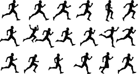 Silhouette running man vector, athletic sprint motion sequence, jogging figure animation, black fitness runner pose, track race illustration design