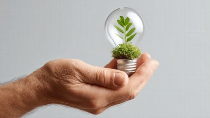 Close-up on a hand holding a small plant growing out of a lightbulb, concept of sustainable ideas.