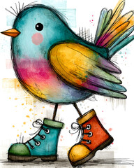 Cute watercolor bird in colorful boots with playful expression and whimsical artistic style