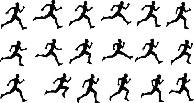 Running man silhouette vector, athlete sprint poses in motion, animated jogger steps, fitness sequence, black sport figure illustration