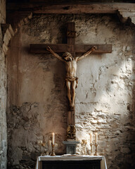 Antique crucifix sculpture of Jesus in rustic stone church with warm candlelight atmosphere