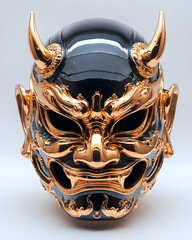 Shiny black and gold oni mask with demonic expression in traditional Japanese samurai style