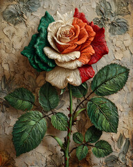 Italian flag colored rose with realistic texture on vintage floral background in painterly style