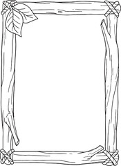 Rustic rectangular frame made from natural tree branches and leaves, bound with rope, in a clear line art style. Ideal for nature-themed designs, organic borders, or adding a charming, handcrafted tou