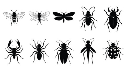 silhouette collection of various insects including bee, beetle, ant, wasp, and fly in black and white, detailed vector illustration