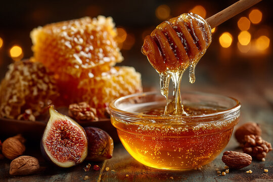 Honey Dripping from Honeycomb with Dried Fruits