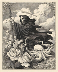 Vintage engraving of raven on human skull with floral gothic frame and macabre symbolism