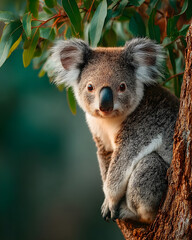 Cute koala sitting on eucalyptus tree in natural Australian forest with curious expression