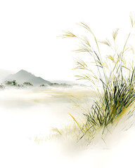 Minimalist Japanese watercolor landscape with mountains and grass in delicate ink wash style