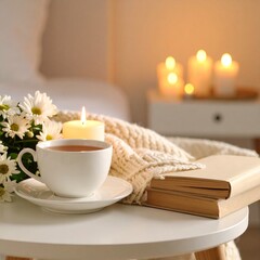Candle-lit cozy evening setup with a cup of chamomile tea, cozy blanket, and closed novel